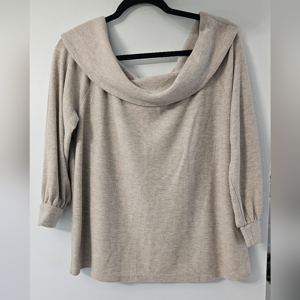 ANA Off Shoulder Sweater Womens Size XL Beige Brown Cowl 3/4 Sleeve